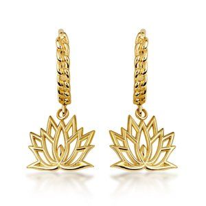 10K Yellow Gold Lotus Bloom Flower Cuban Link Huggies Earrings
